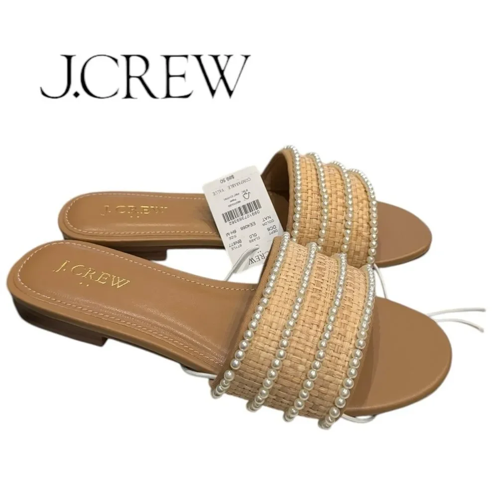 New J. Crew Women's Pearl Slide Raffia Sandals 6.5